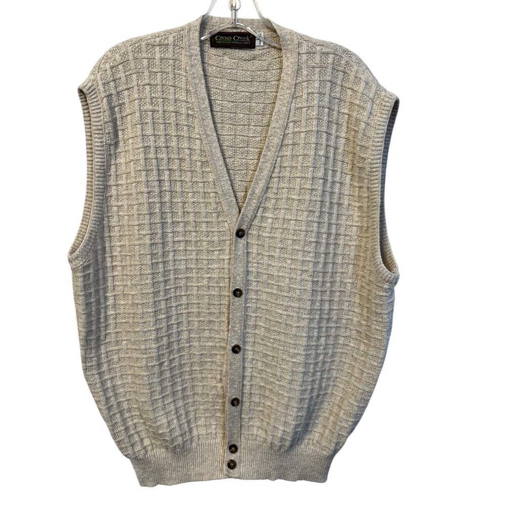 Vintage Cross Creek L Beige Button-Down Sleeveless Sweater Vest Golf Y2K